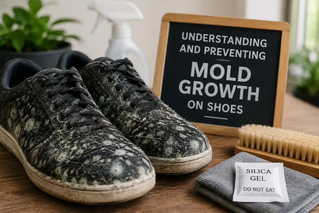 Close-up of mold-covered black sneakers beside shoe-cleaning tools and a sign about preventing mold growth on shoes.
