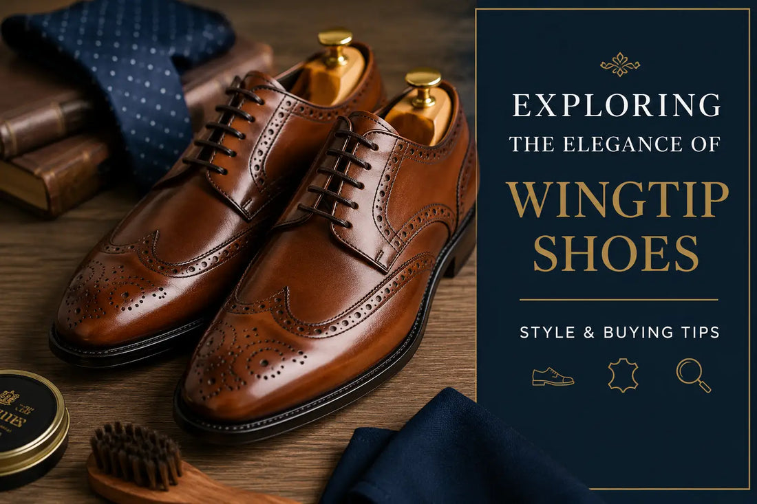 Brown leather wingtip shoes on a wooden table with grooming accessories