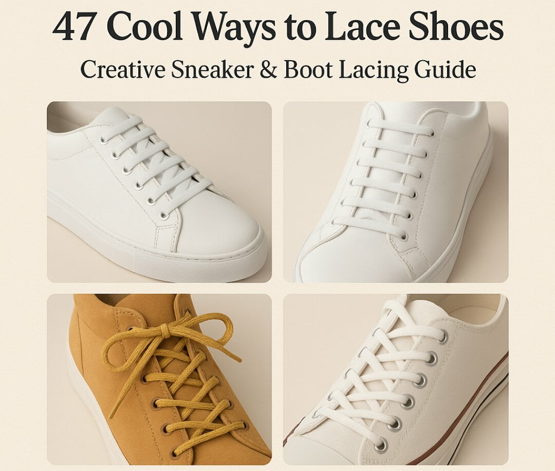 Four pairs of sneakers showing different creative shoe lacing styles
