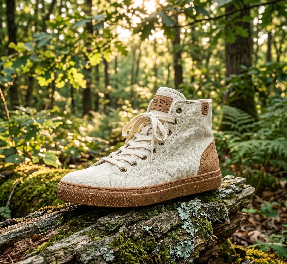 An off-white canvas high-top sneaker resting on a mossy log in a sunlit forest.