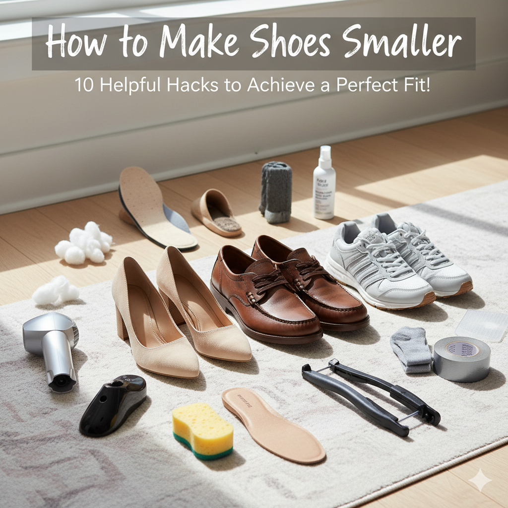 A collection of shoes and sizing hacks, including insoles, cotton, and tape, illustrating the blog post "How to Make Shoes Smaller."